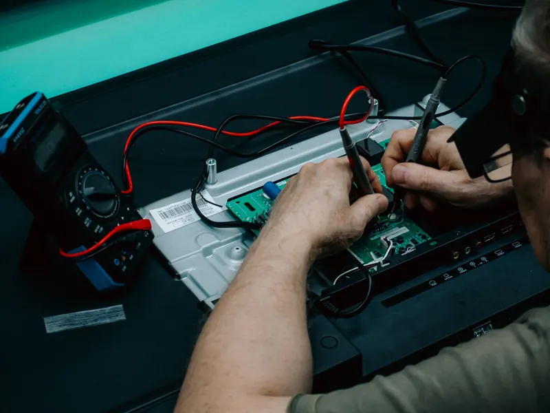 Técnico mide con un multímetro y sus puntas de prueba los componentes de una tarjeta electrónica